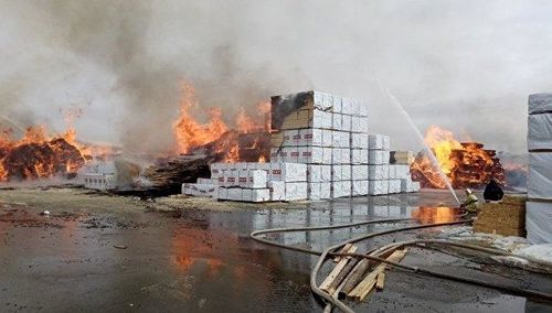 На площади 2 000 кв. м горит склад деревообрабатывающего завода в Лен. области